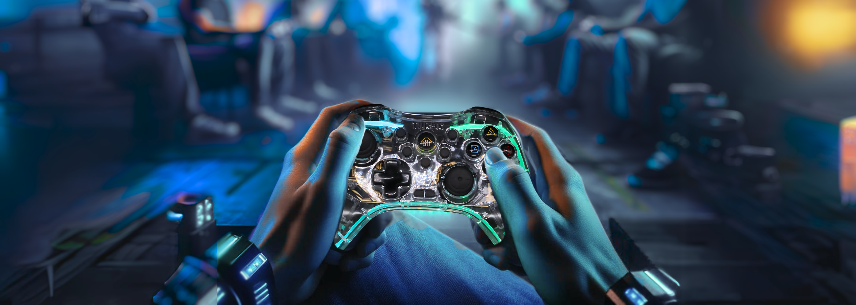 Turbx gaming controllers and gamepads displayed on a dynamic Cross-platform Video gaming setup, highlighting portability and LED RGB, Polarized chrome color style for cloud gaming enthusiasts & mobile gamers. Turbx is the go-to game store for gamers seeking stylish, portable, and immersive compact gaming accessories & organizers.