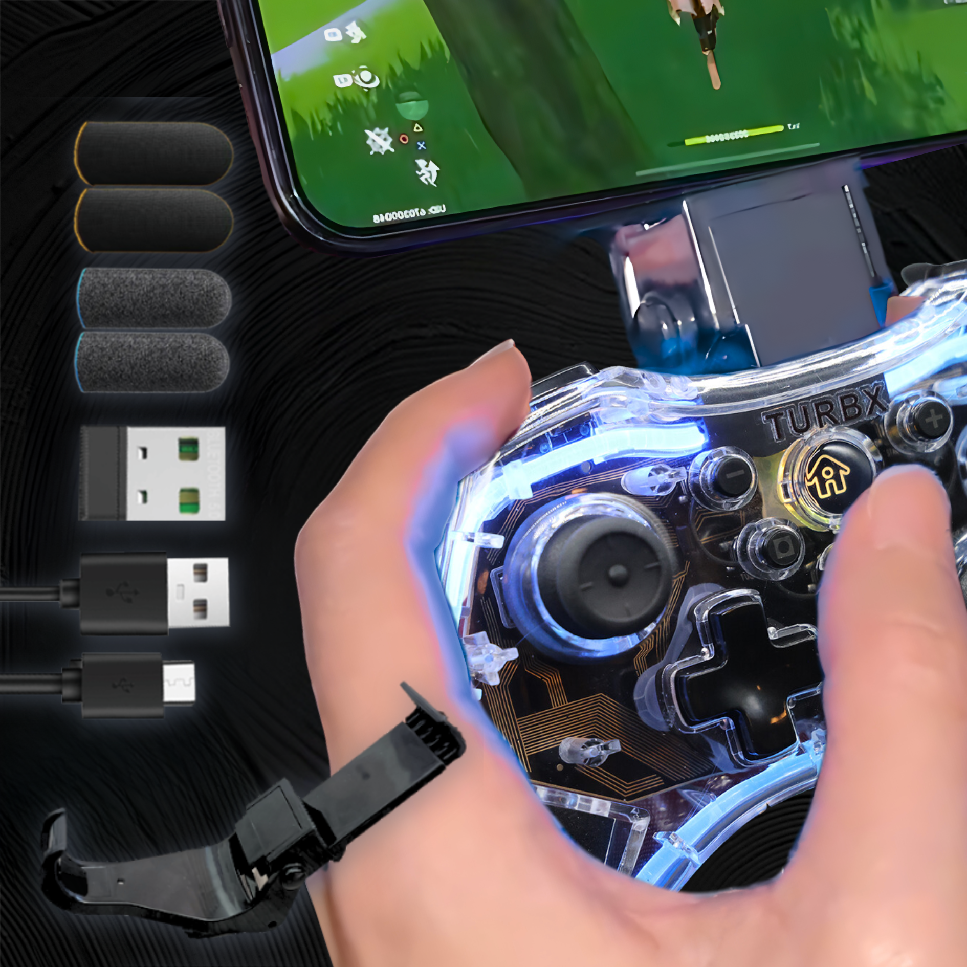 Turbx gaming controllers and gamepads displayed on a dynamic Cross-platform Video gaming setup, highlighting portability and LED RGB, Polarized chrome color style for cloud gaming enthusiasts & mobile gamers. Turbx is the go-to game store for gamers seeking stylish, portable, and immersive compact gaming accessories & organizers.