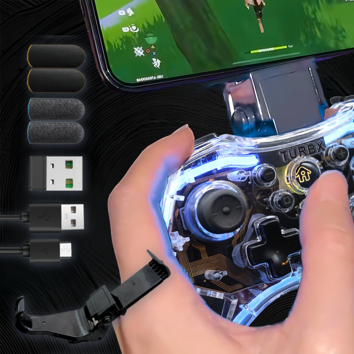 Turbx gaming controllers and gamepads displayed on a dynamic Cross-platform Video gaming setup, highlighting portability and LED RGB, Polarized chrome color style for cloud gaming enthusiasts & mobile gamers. Turbx is the go-to game store for gamers seeking stylish, portable, and immersive compact gaming accessories & organizers.