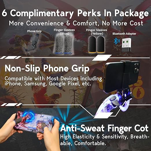 7-in-1 Wireless Game Controller Set | Switch/iPhone/Android/PC/Steam.Bluetooth Gamepad w/ non-slip phone grip for mobile gaming, finger sleeves for enhanced phone control, & Bluetooth adapter to wirelessly connect with computer. Seamless Compatible to Multi-Platforms video game consoles & mobile platforms: Nintendo Switch, PS4/PS3, iPhone/Android, iOS MFi/Apple Arcade, PC/Mac OS & Steam/Epic
