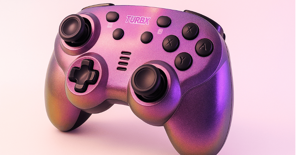 Glossy purple gaming controller with 'TurbX' branding on a gradient background